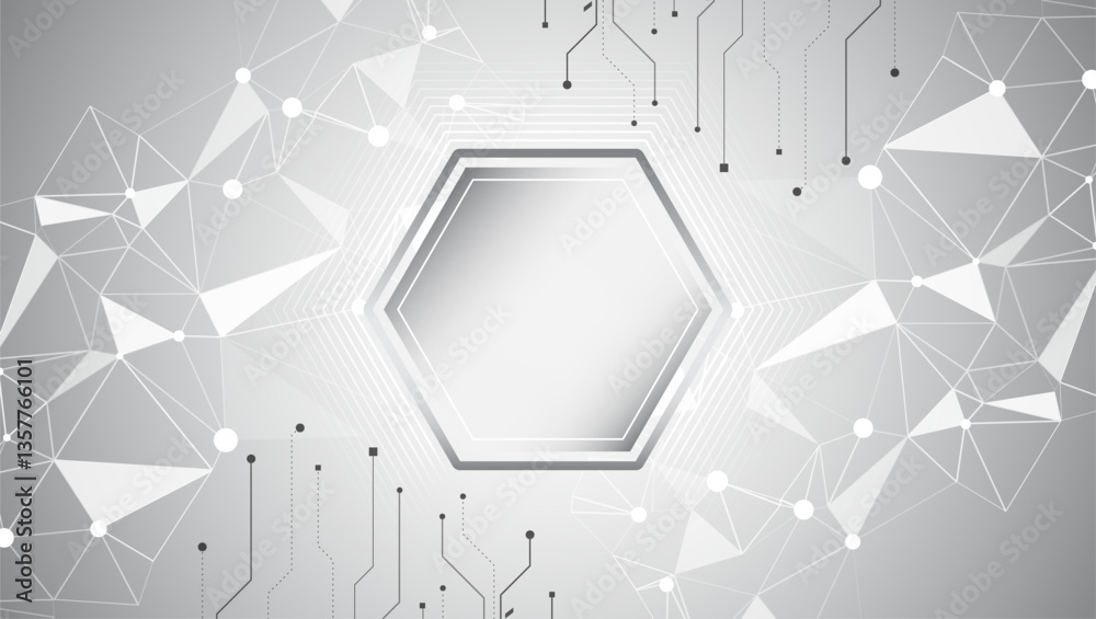Poster Science concept, hexagons with circuit board. Abstract hi tech communication for presentation or banner. Sci-fi gray background with various technology elements.