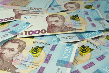 Banknotes 1000 Hryvnia. Real Ukrainian paper money of blue yellow color