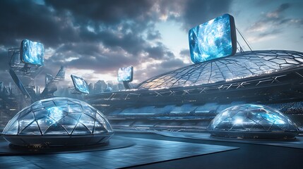 Futuristic stadium with retractable domes and embedded holographic screens on an original background
