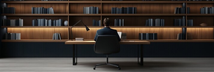 Freelancer immersed in industry knowledge with books in modern office