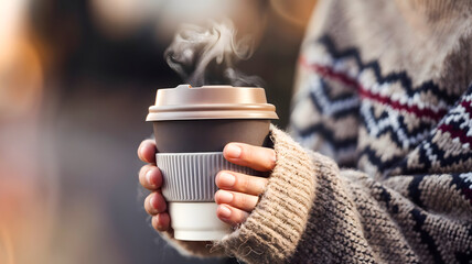 A person in warm clothing holds a cup of steaming hot beverage, bringing comfort on a chilly autumn day. The image evokes feelings of coziness, relaxation, and seasonal appreciation.