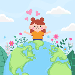Fototapeta premium Happy Earth Day with flowers, girl hugs planet Earth