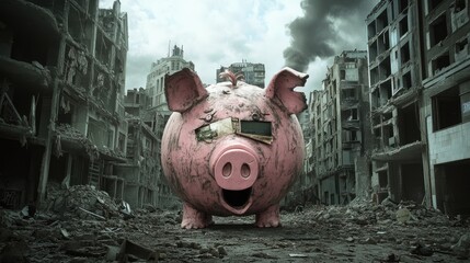 Piggy Bank in a War-Torn City: A Surreal Vision of Economic Ruin