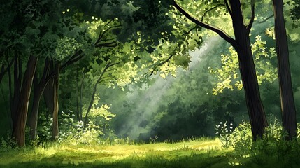 Obraz premium Serene Sunlight Dappled Forest Path Tranquil Nature Scene Watercolor Painting