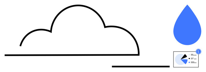 Cloud outline with data analytics chart and blue water drop symbolizing innovation, technology, data storage, environmental sustainability, renewable resources, and clean energy flat simple metaphor