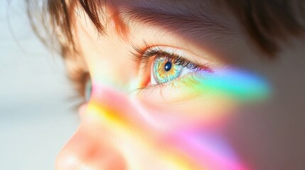 Closeup of a boy's smiling face with rainbow reflections in bright eyes