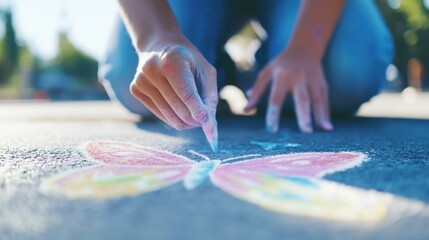 Obraz premium Chalk art creation with dust-covered hands drawing a colorful butterfly on pavement