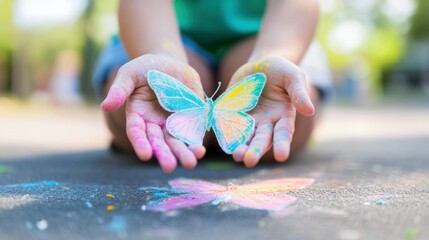 Obraz premium Chalk art creation with butterfly theme - closeup of dust-covered hands and colorful butterfly design