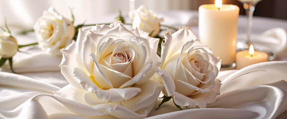 Elegant white roses on satin fabric with romantic candlelight ambiance.