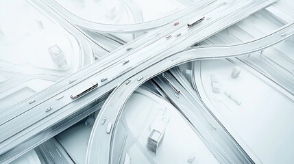 Futuristic urban transportation grid with dynamic pathways and angular architecture viewed from above on a white background