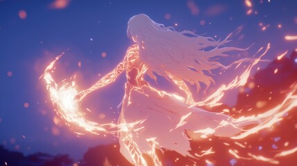 Enigmatic figure with flowing hair and glowing tattoos wielding a light shield for defense