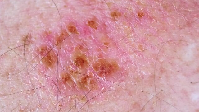 Skin lesion symptom in Shingles or Herpes zoster in person. Viral disease Varicella virus. Painful skin rash with blisters on the body. Red pimples. Insects bite. Body injury. High quality 4k footage.