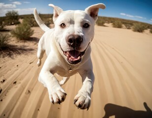 Obraz premium argentine dogo running on the desert, dog playing outddors in a beautiful sunny day, under blue sky