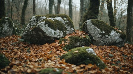 Autumn forest rocks covered in moss and fallen leaves