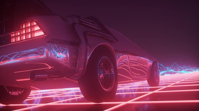 Retro Futuristic Neon Car Driving in Synthwave Loop Animation
