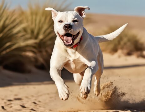 argentine dogo running on the desert, dog playing outddors in a beautiful sunny day, under blue sky