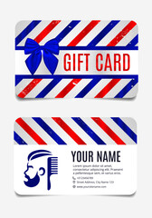 Fototapeta premium Double sided gift card for barbershop with blue and red pattern