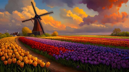 Scenic Sunset over Vibrant Tulip Fields with Windmill and Pathway