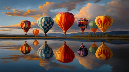 Fototapeta premium Colorful Hot Air Balloons Reflecting on Calm Lake at Sunset A Stunning Aerial View