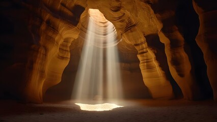 A serene, sunlit canyon with rays of light beaming down, illuminating the sandy floor and textured rock walls. Concept Sunlit Canyon, Nature's Serenity, Illuminated Landscape, Textured Rock Walls