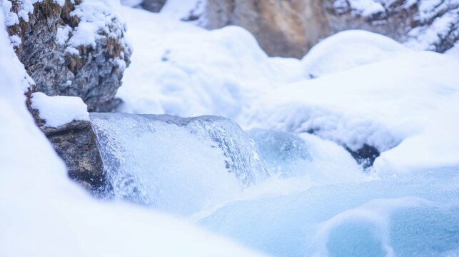 Cascading waterfall in winter landscape