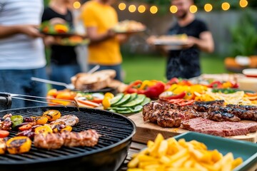 Naklejka premium Sunset backyard barbecue party with friends and colorful spread