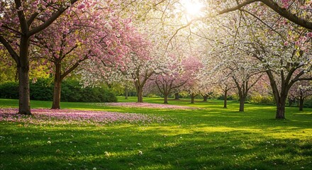 Obraz premium Beautiful blossom trees in a peaceful mood with sunlight in a green park