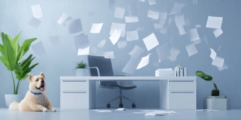 Chaos in the office with flying papers and a playful dog scene