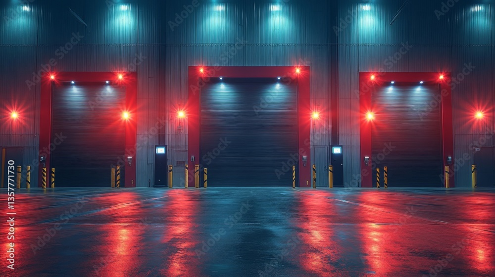 Poster bright lights illuminate the exterior of loading bays in a large warehouse. the well maintained floo