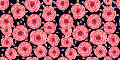 Seamless pattern with blooming roses. Vector floral illustration for postcard, poster, fabric, wrapping paper, decor etc. Flowers for spring and summer holidays.