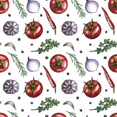 Seamless pattern with vegetables. A hand-drawn watercolor illustration. Color image of tomatoes, garlic, onions, herbs and spices. Great for textiles, kitchen decor, tablecloths, menus, packaging.