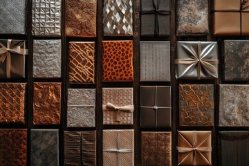 A collection of elegantly wrapped gifts in various shades of brown, gold, and silver, arranged on a dark wooden surface.