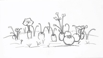 Moody hand-drawn sketch of a vegetable garden depicting growing vegetables; rough lines, textured pencil strokes, and a low-contrast white background.jpg
