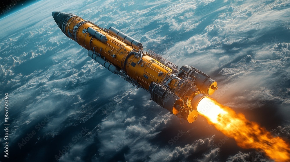 Poster A rocket booster lights up with powerful flames as it propels a payload into orbit, showcasing the incredible power of spaceflight technology in a stunning display above the Earth's atmosphere.