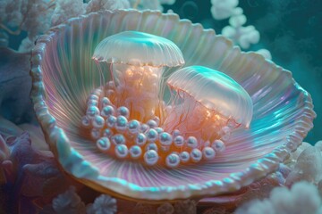 Two iridescent jellyfish rest within a pearly shell, surrounded by luminous pearls in an underwater scene.
