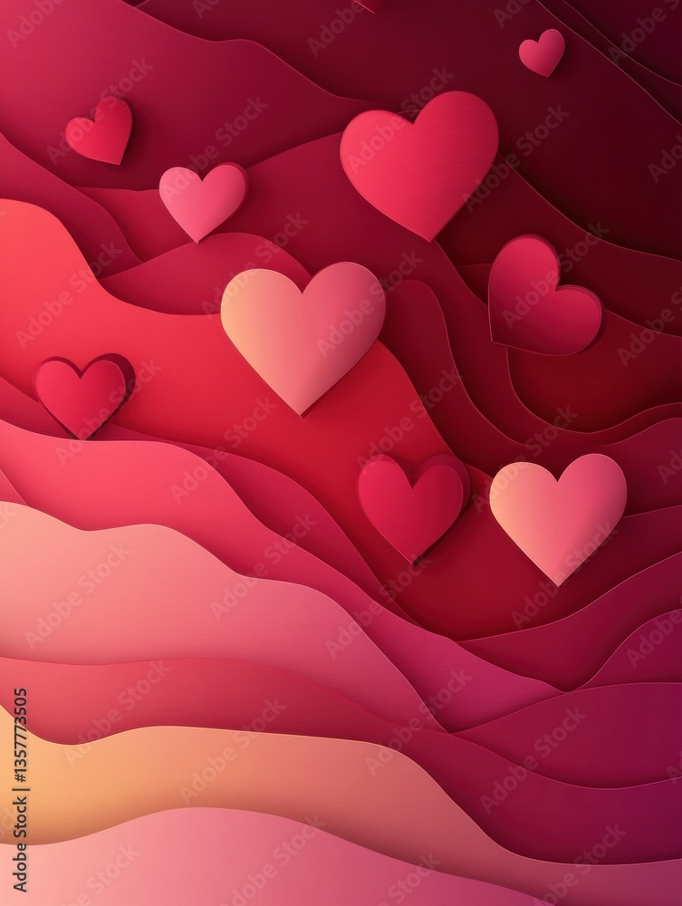 Poster Romantic layered paper cut background with floating hearts and soft gradients in red and pink tones Generative AI