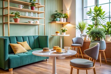 Fototapeta premium Stylish Small Salon Interior with Coffee and Pastries, Cozy Design, Beauty Space