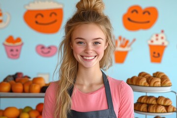 Smiling Young Woman in Cafe with Colorful Fruit and Pastry Background