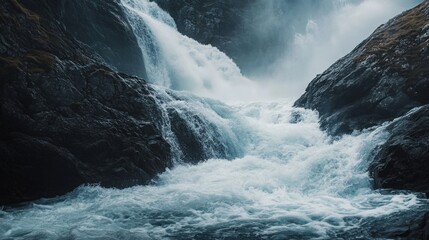 A beautiful and powerful waterfall cascades through rocky mountain terrain