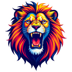 Fototapeta premium Roaring Lion with Vibrant Multicolored Mane in Red Orange Yellow and Blue Tones on White Background