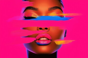 Fototapeta premium Vibrant Abstract Portrait of a Woman with Colorful Paint Streaks on Neon Background