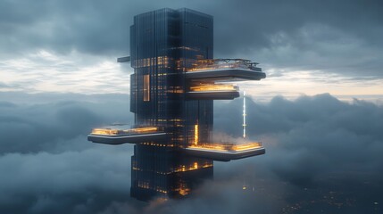 Hyper modern skyscraper with floating observation decks and integrated lighting systems on an original background