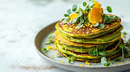 Minimalist close up of matcha and turmeric pancakes on a modern white background, soft natural shadows, elegant plating with microgreens and citrus zest