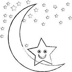 A charming illustration featuring a crescent moon with a playful, smiling star nestled within its curve. Surrounding the moon and star are scattered smaller stars.