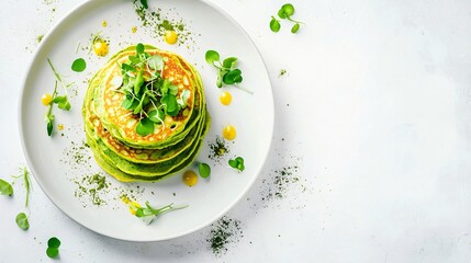 Minimalist close up of matcha and turmeric pancakes on a modern white background, soft natural shadows, elegant plating with microgreens and citrus zest
