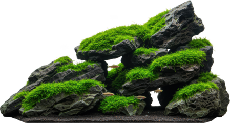Aquatic Plantscape Moss Covered Rocks Tropical Fish in Aquarium