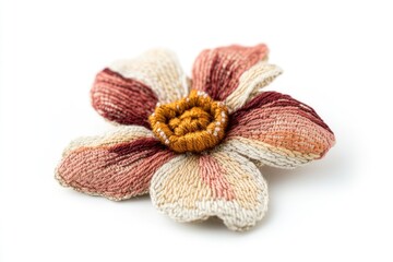 Hand-embroidered flower brooch in muted tones of beige, pink, and burgundy.
