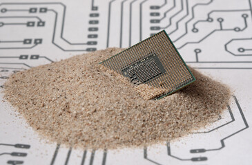 Semiconductor processor on the sand. A CPU buried in in silicone raw material with electronic...