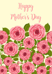 Mother's day greeting card. Seamless pattern with blooming roses. Botanical vector illustration isolated for postcard, poster, ad, decor and other uses. Festive text can be replaced.