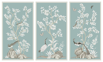Vintage botanical garden tree, Chinese birds, crane, stone, butterfly, plant floral panels blue background. Exotic chinoiserie mural. © good_mood